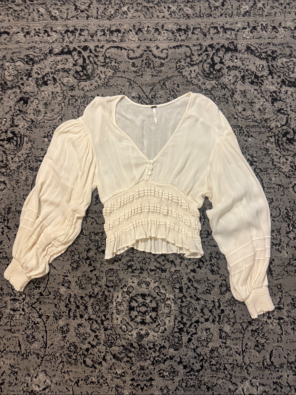 Free People Cream Smocked V-Neck Peasant Blouse